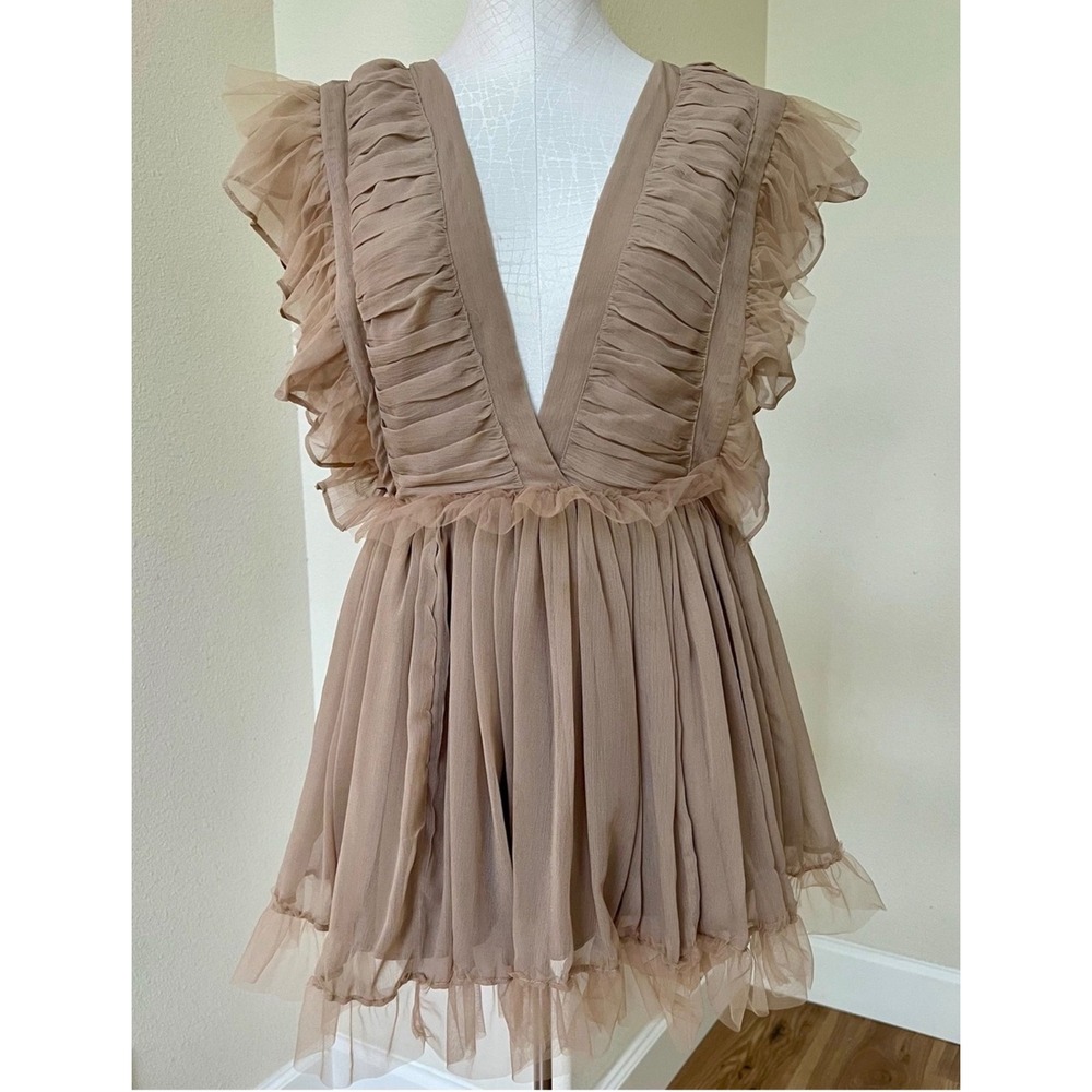 Tularosa Amelia Dress Ruffle Tulle Coquette Fairycore Mini Womens XL Tan/Mauve - Picture 2 of 13